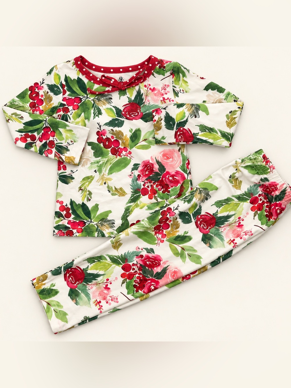 Girls Holiday Floral Red & Green Pajama Set